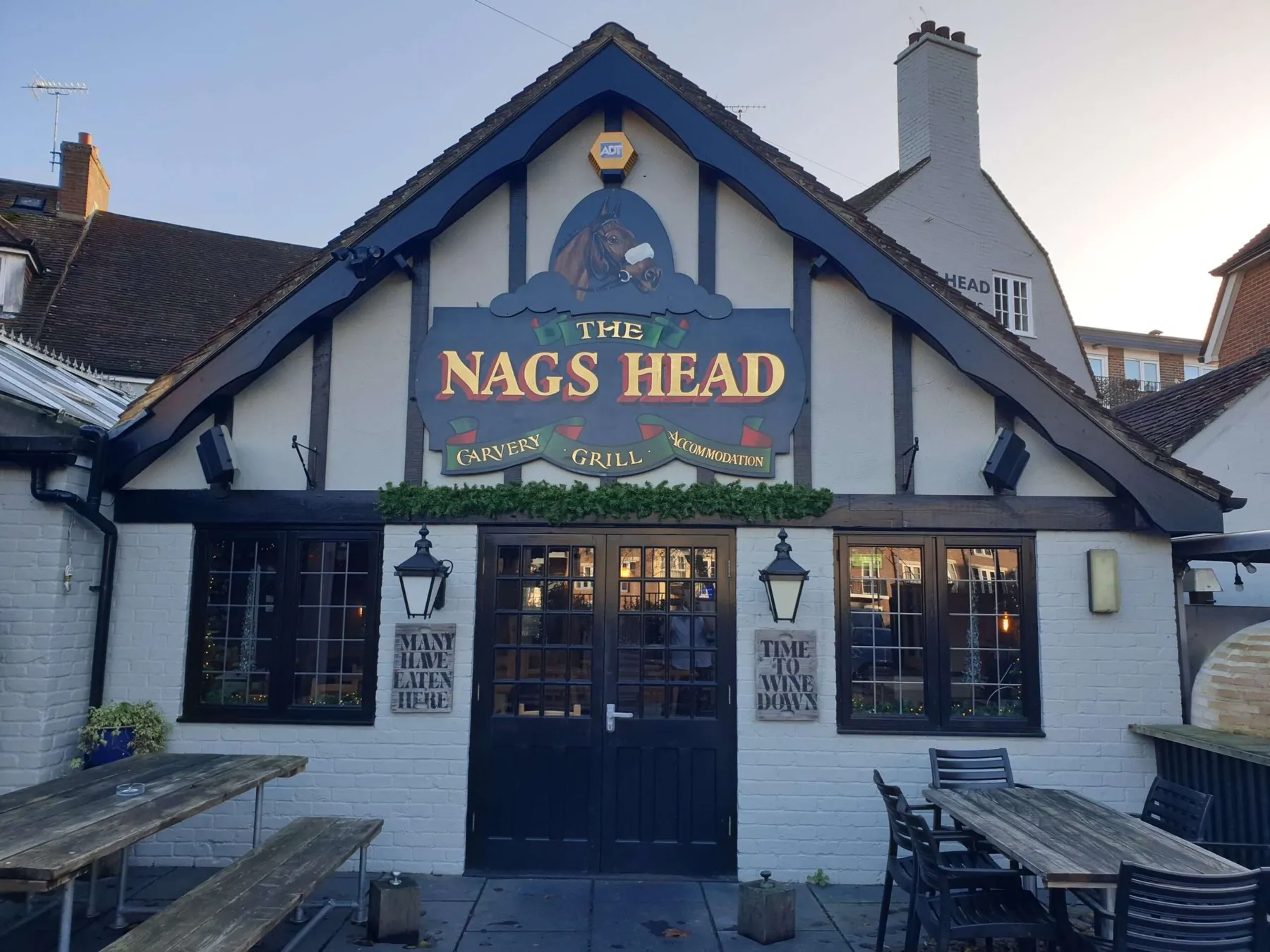 The Nags Head garden gable, signwritten Carvery, Grill and Sunday Roasts